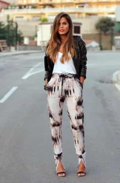 Black and White Pants with Leather Jacket