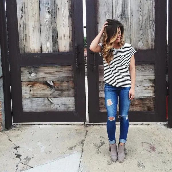 Grey Suede Ankle Boots with Striped Tee & Jeans