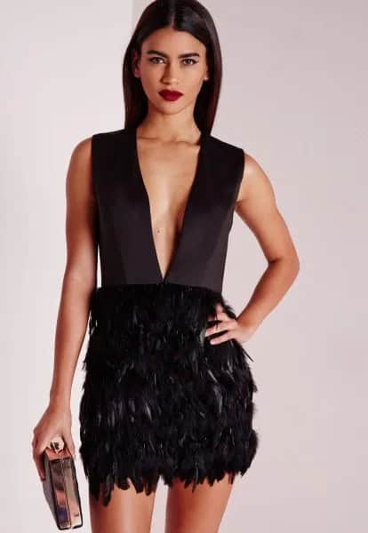 Black Deep V Neck Feather Mini Dress