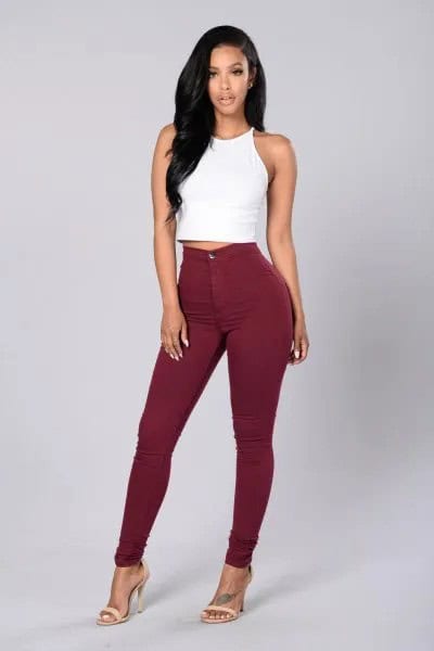 White Cropped Tank Top with Super Skinny Maroon Jeans