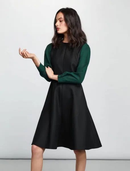 Black Wool Flare Dress with Grey Sleeves