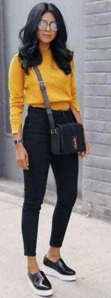 Mustard Yellow Slightly Cropped Sweater with Black Ankle Jeans