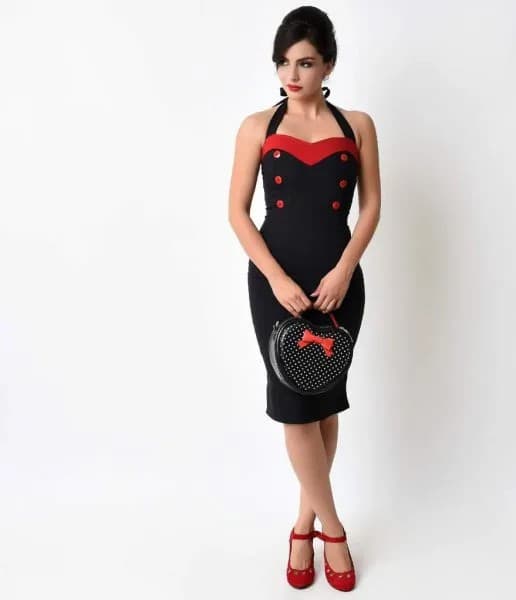 Black and Red Pin Up Halter Neck Midi Dress