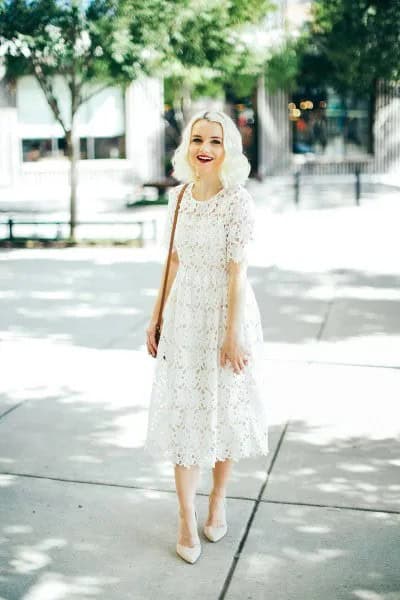 White Midi Flared Lace Dress with Pointed Toe Heels