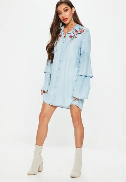 Embroidered Chambray Mini Smock Dress with Pink Boots