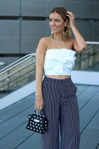 White Tie Front Tube Top with Striped Wide Leg Pants