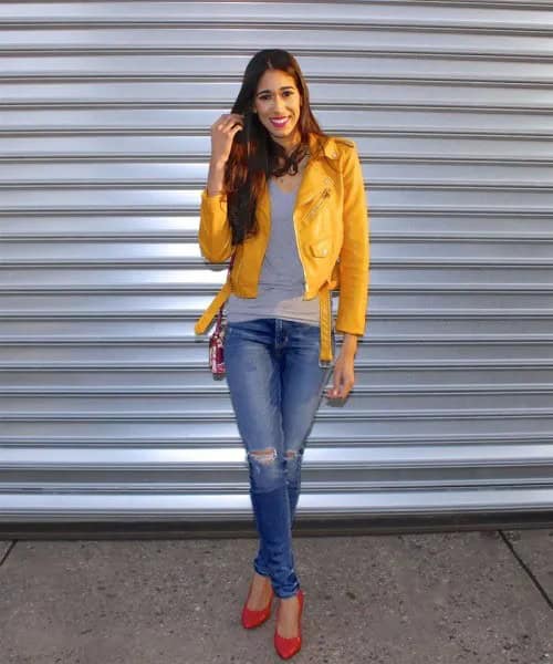 Yellow Jacket with Grey Vest Top & Blue Ripped Jeans