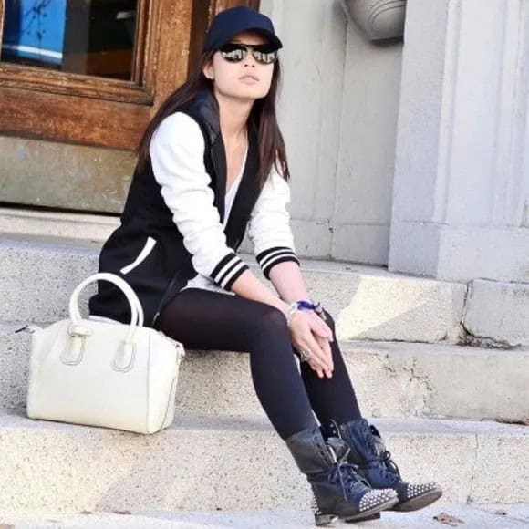 Black and White Baseball Jacket with Tunic Tee & Studded Combat Boots