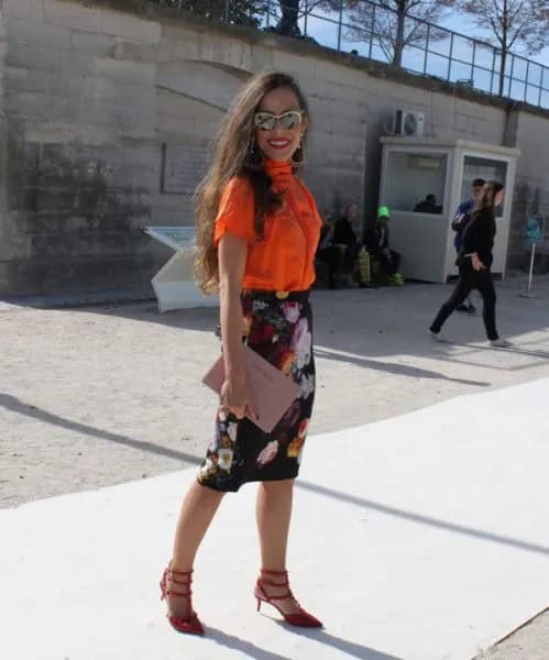 Orange Button Up Short Sleeve Shirt with Black Floral Midi Skirt