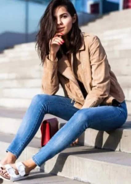 Crepe Leather Jacket with Blue Jeans