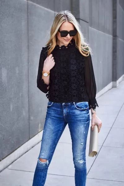 White Floral Lace Shirt with Blue Ripped Skinny Jeans