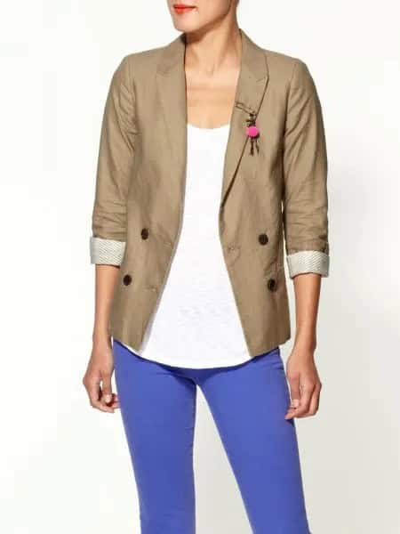 Rolled Sleeve Khaki Blazer with White Scoop Neck Tank Top & Bright Blue Jeans