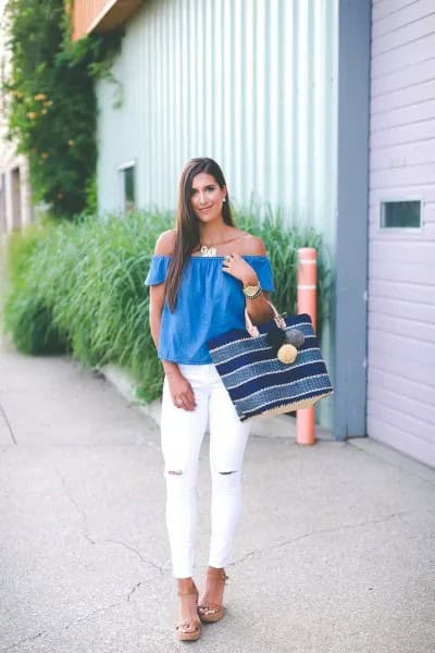 Royal Blue Off The Shoulder Top with White Ripped Skinny Jeans