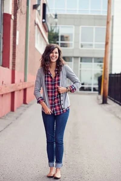 Red and Navy Plaid Boyfriend Shirt with Grey Cardigan & Skinny Jeans