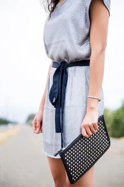 Light Blue Belted Sleeveless Summer Tunic Dress with Black Clutch Bag