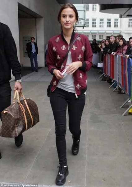 Maroon Embroidered Bomber Jacket with Black Skinny Jeans