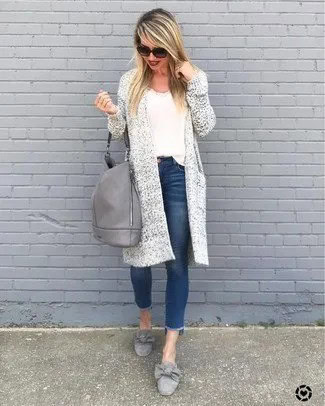 Longline Knit Cardigan with White Tee & Ribbon Detailed Grey Dress Shoes