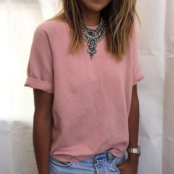 Peach Cuffed T Shirt with Tribal Style Statement Necklace & Jeans