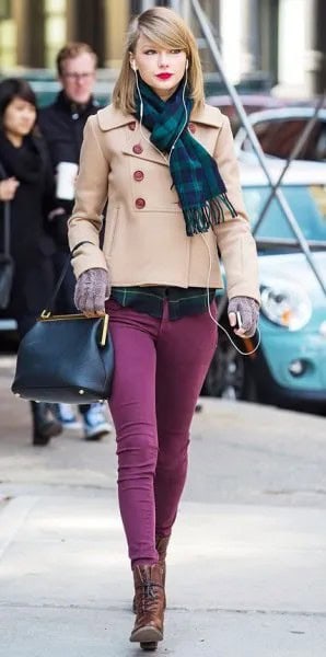 Blush Pink Short Wool Coat with Purple Skinny Jeans