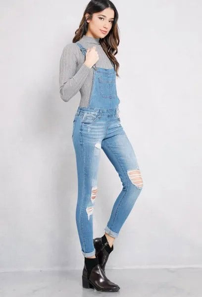 Grey Mock Neck Ribbed Sweater with Ripped Skinny Denim Overalls