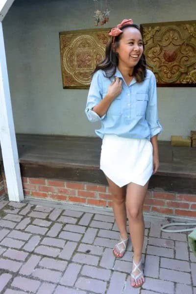 Light Blue Button Up Shirt with White Mini Envelope Skirt