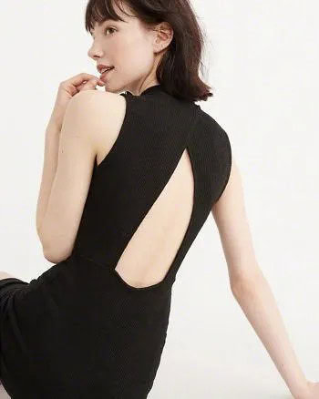 Black Mock Neck Open Back Midi Dress