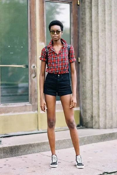 Red and Blue Plaid Button Up Shirt with Black Mini High Rise Shorts