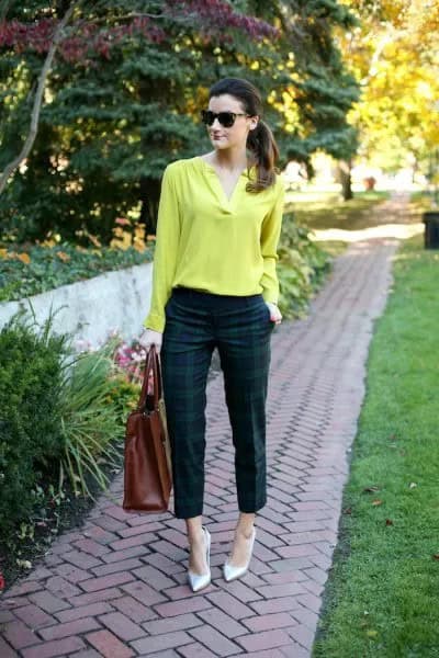 Lemon Yellow Cotton Long Sleeve Blouse with Green and Navy Blue Plaid Pants