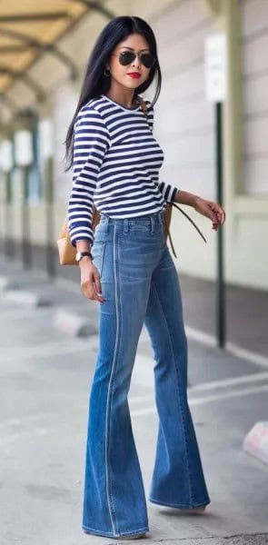 Blue Bell Bottom Jeans with Striped Long Sleeve Tee