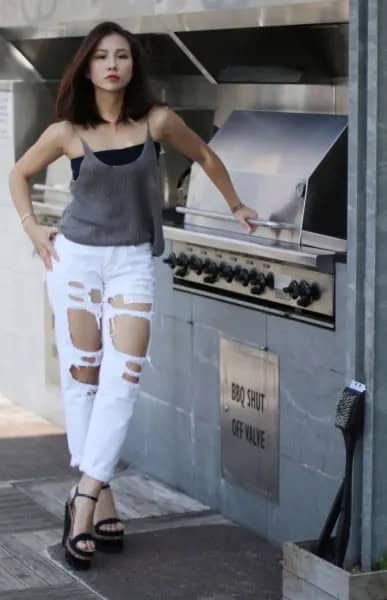 Grey Scoop Neck Tank Top with Black Tube Top & Distressed Jeans