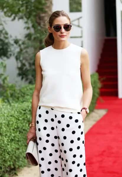 Wide Leg Polka Dot Pants with White Sleeveless Sweater