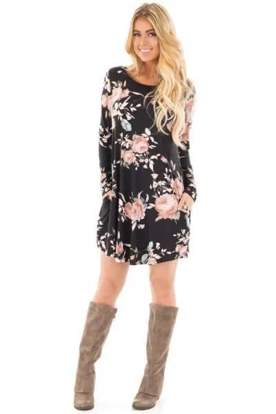 Black and White Floral Tunic Dress with Grey Suede Knee High Boots