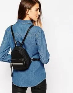 Blue Chambray Button Up Shirt with Black Small Backpack Purse