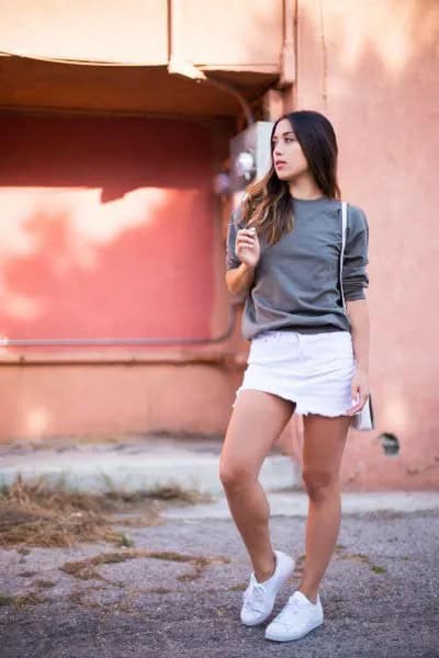 Grey Sweater with White Mini Skirt