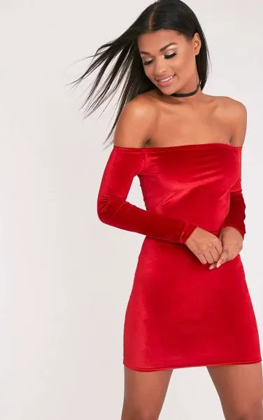 Red Off The Shoulder Velvet Mini Dress with Black Choker