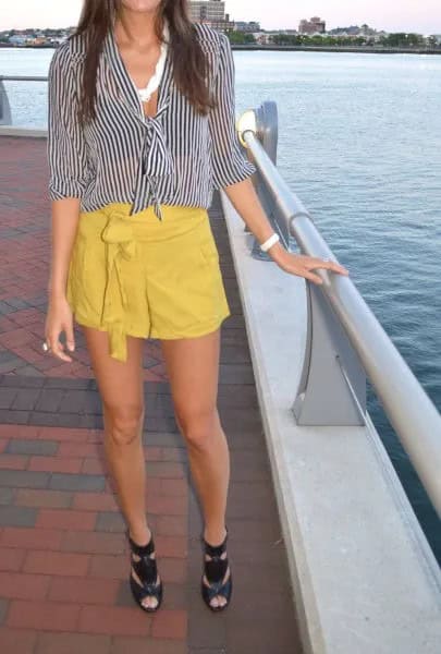 Black and White Striped Blouse with Mustard Yellow Mini Skirt