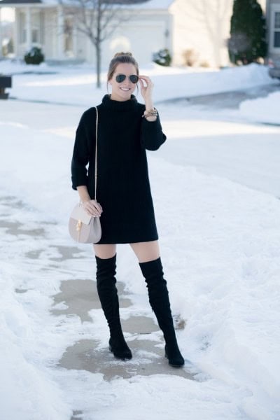 Black Turtleneck Knit Sweater Mini Dress with Thigh High Boots