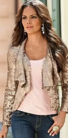 Ruffle Neckline Sequin Jacket with Blue Jeans