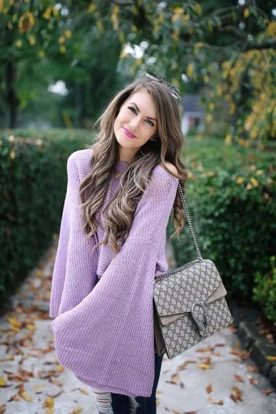 Cold Shoulder Bell Sleeve Lavender Sweater