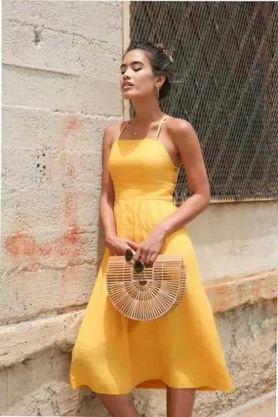 Light Yellow Fit and Flare Halter Chiffon Dress