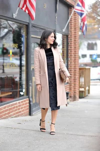 Grey Longline Blazer with Black Velvet Midi Dress