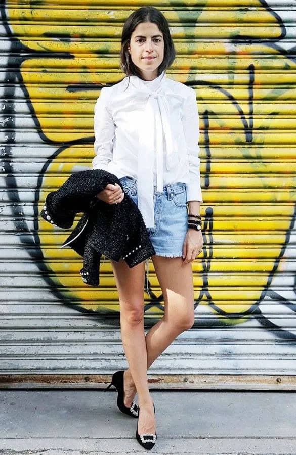 White Tie Neck Blouse with Denim