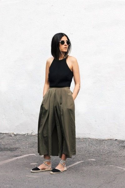 Black Halter Top with Olive Green Maxi Flare Skirt