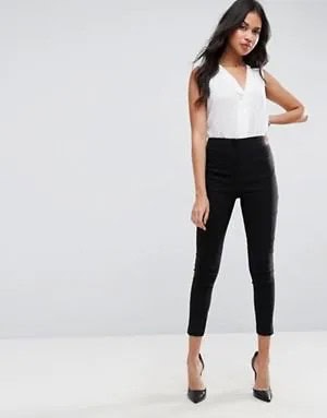 White V Neck Sleeveless Blouse with Black Skinny Fit Cropped Pants