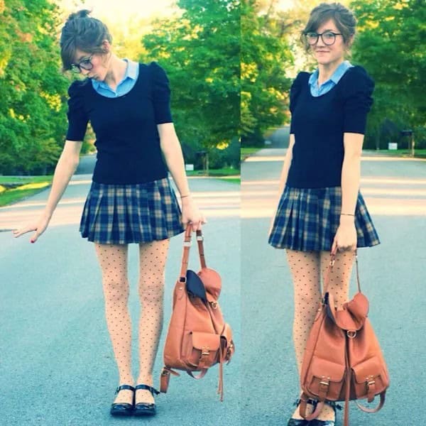 Black Sweater with Blue Chambray Shirt & Mini Pleated Skirt