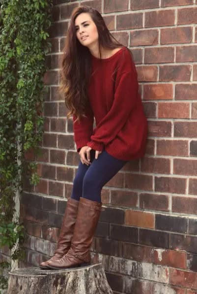 Dark Red Boat Neck Tunic Sweater with Navy Blue Leggings & Knee High Boots