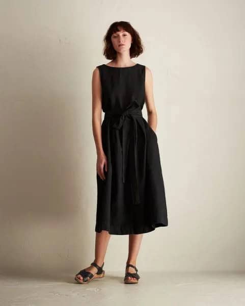 Black Sleeveless Belted Midi Flare Linen Dress