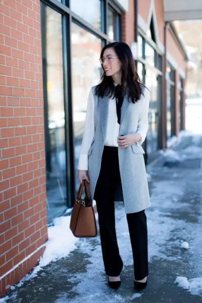 Grey Wool Longline Vest with White Blouse & Straight Leg Black Chinos