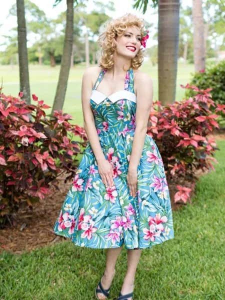 Teal Blue and White Hawaiian Style Hatler Neck Fit and Flare Midi Dress