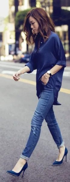 Navy Blue Cuffed Relaxed Fit Top with Matching Ballet Heels